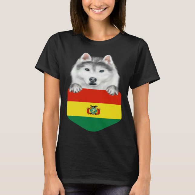 Bolivia Flag Siberian Husky Dog In Pocket T-Shirt (Front)
