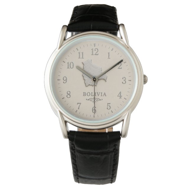 Bolivia Map Cream Silver-Effect Watch (Front)