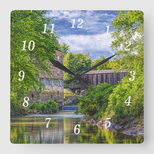 Bollinger Mill And Burfordville Covered Bridge Square Wall Clock (Front)