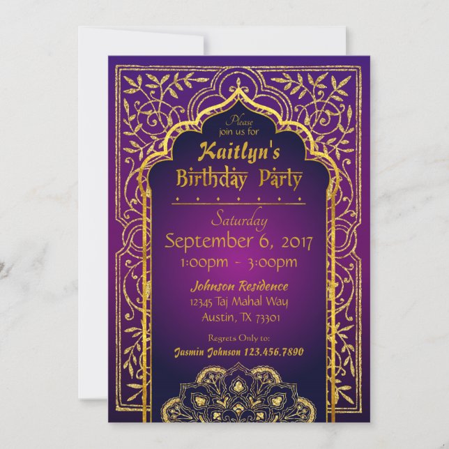 Bollywood Arabian Nights Birthday Invitation Card (Front)