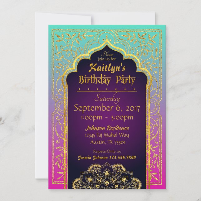 Bollywood Arabian Nights Birthday Invitation Card (Front)