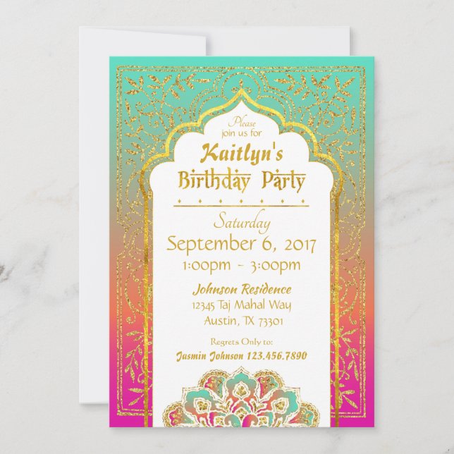 Bollywood Arabian Nights Birthday Invitation Card (Front)