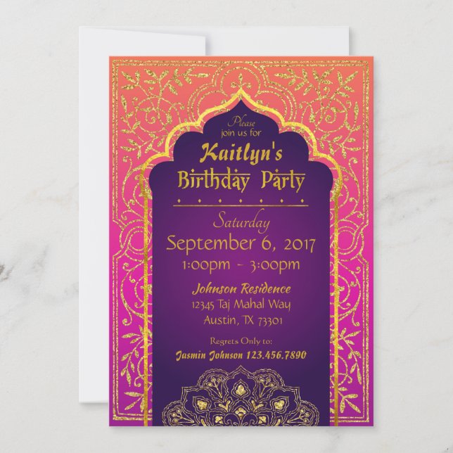Bollywood Arabian Nights Birthday Invitation Card (Front)