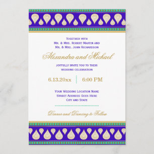 Bollywood India Blue Green Gold Colourful Wedding Invitation