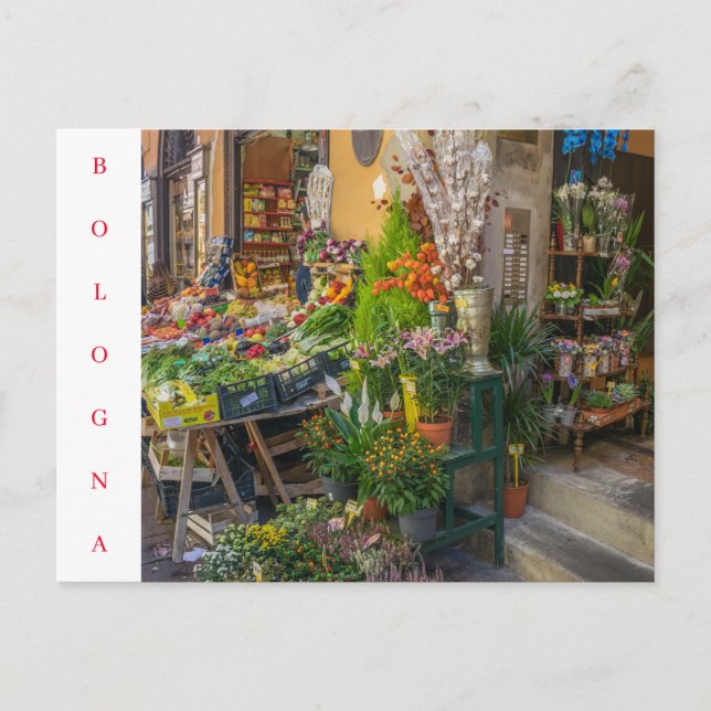 Bologna fruit and veg shop view postcard (Front)