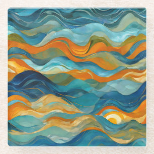 "Bolonia" Blue Green Orange Waves Glass Coaster
