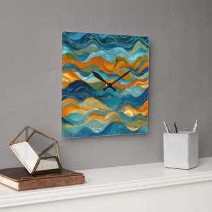 "Bolonia" Blue Green Orange Waves Square Wall Clock