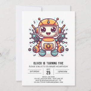 Bolts Cute Metallic Robot Birthday Invitation