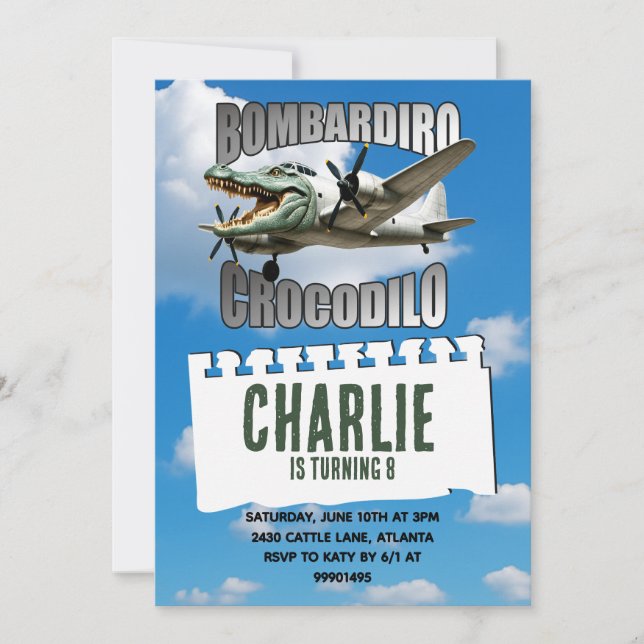 Bombardiro Crocodilo birthday invitation (Front)