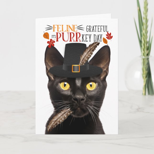 Bombay Black Cat Feline Grateful for PURRkey Day Holiday Card (Front)