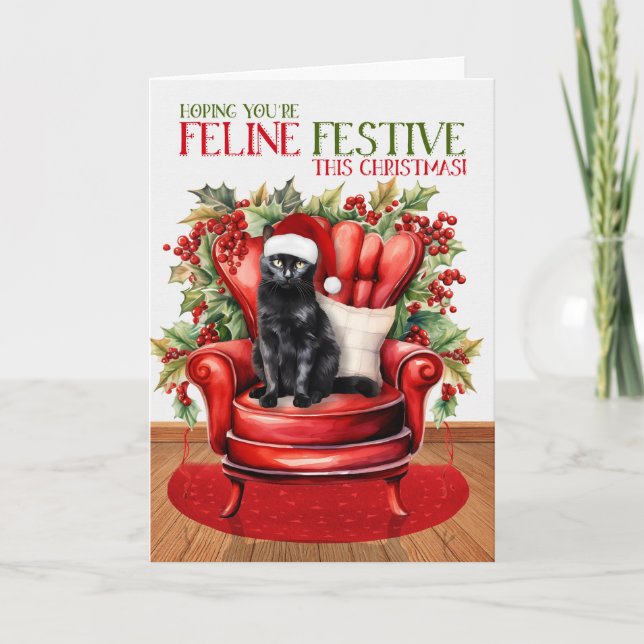 Bombay Black Christmas Cat FELINE Festive Holiday Card (Front)