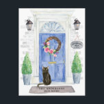 Bombay Cat Moving Announcement Postcard<br><div class="desc">Announce your new address with our stylish announcement featuring a Bombay cat,  blue front door,  welcome mat,  slate sign,  topiaries and a floral wreath set on a grey brick background.</div>