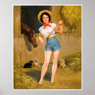 BOMBSHELL BAD GIRLS Retro: Farm Girl Horse & Dogs Poster