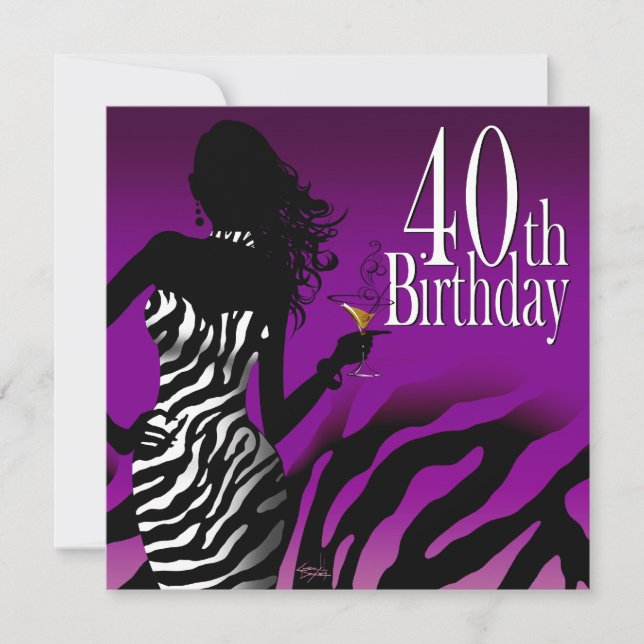 Bombshell Zebra 40th Birthday Party Purple Invitation (Front)