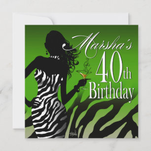Bombshell Zebra Marsha's 40th Birthday Green Invitation