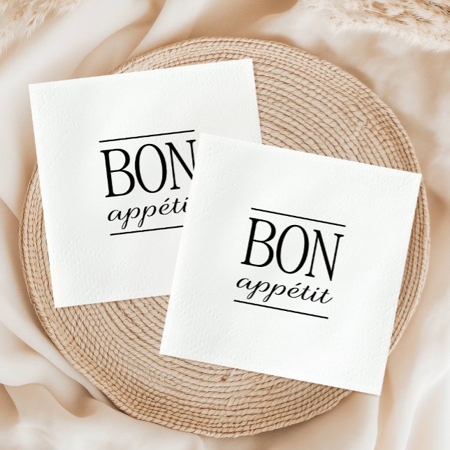 BON APPETIT Black And White Typography Napkin (BON APPETIT Black & White Kitchen Quote Typography Paper Napkins)