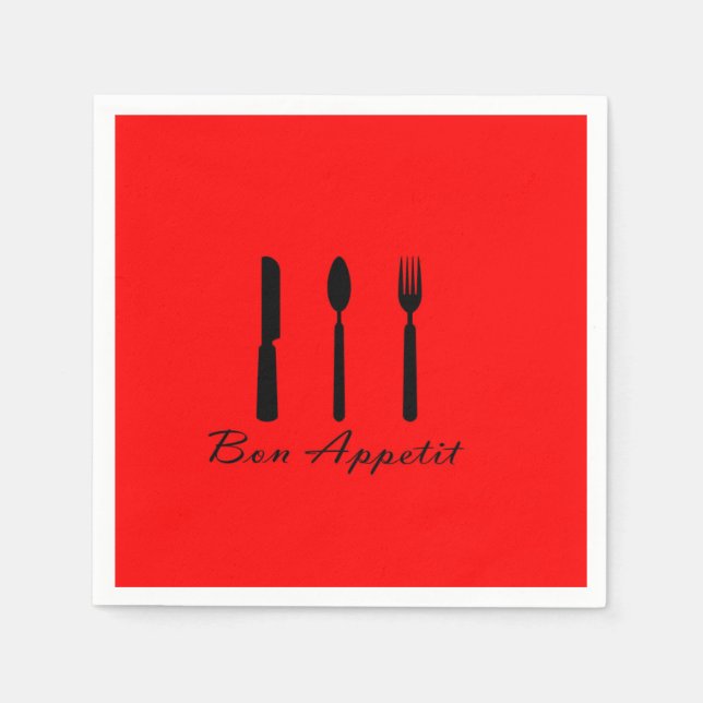 Bon Appetit Black Silverware on Red Paper Napkin (Front)