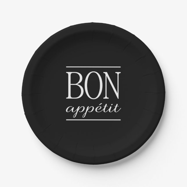 BON APPETIT Black & White Typography Food Quote Paper Plate (Front)
