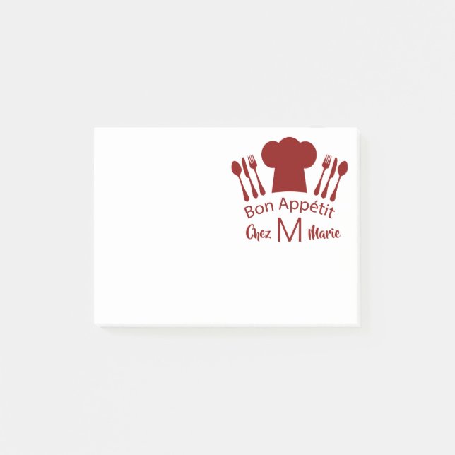 Bon Appetit Chef's Hat, Knife and Fork Monogram Post-it Notes (Front)