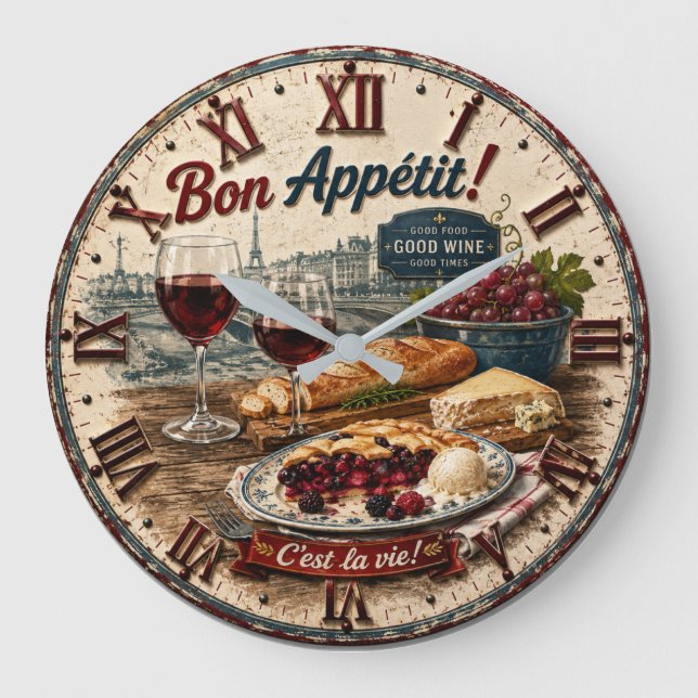 Bon Appétit French Paris Wine & Cheese Rustic Café Large Clock (Front)