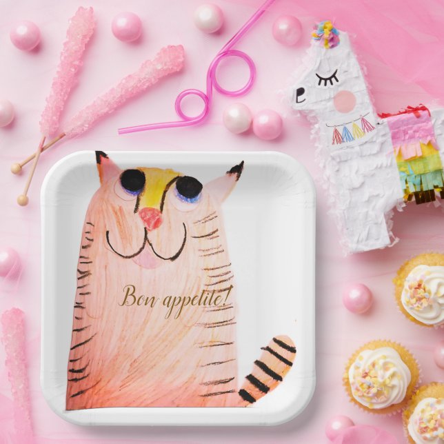 "Bon Appetit" Happy Orange Tabby Cat Paper Plates (Party)