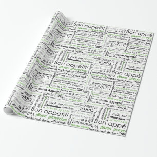 Bon appetit in many languages - green wrapping paper