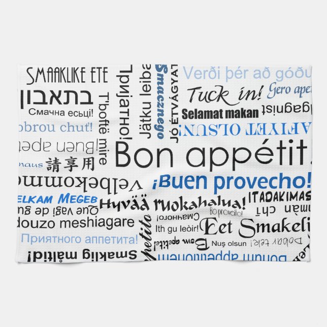 Bon appetit in other languages - blue tea towel (Horizontal)