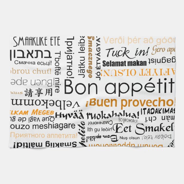 Bon appetit in other languages - orange tea towel (Horizontal)