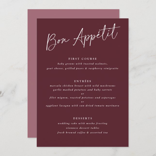 Bon Appétit Merlot Burgundy Handwriting Wedding Menu (Front/Back)