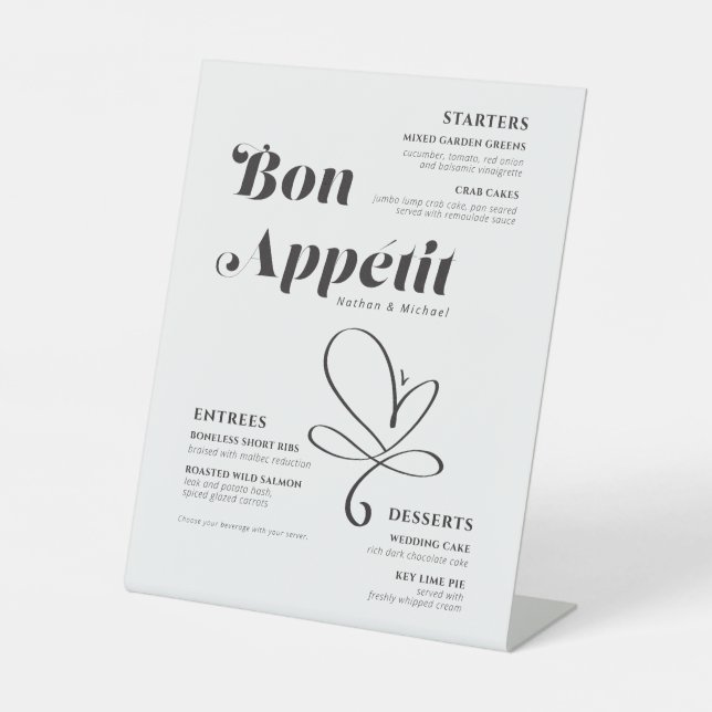 Bon Appetit Wedding Dinner Black White Pedestal Sign (Front)