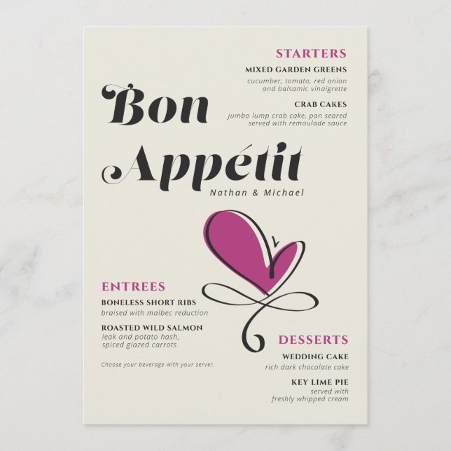 Bon Appetit Wedding Dinner Cream Magenta Menu (Front)