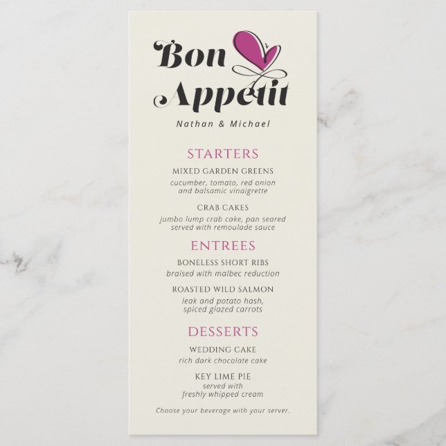 Bon Appetit Wedding Dinner Magenta Cream Menu (Front)