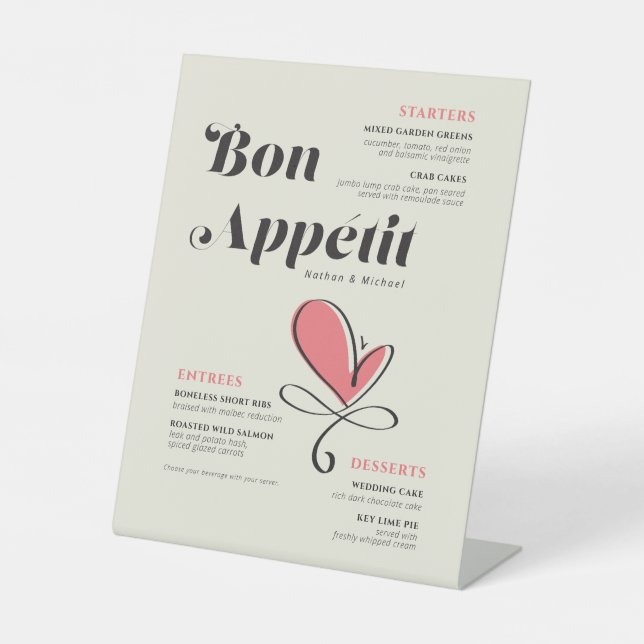 Bon Appetit Wedding Dinner Salmon Heart  Pedestal  Sign (Front)