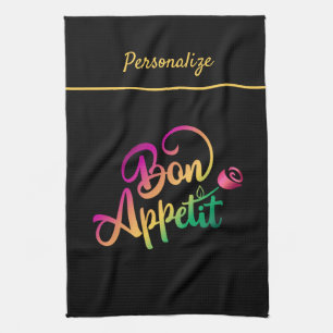 Bon Appetite Quote Purple Yellow Black Tea Towel