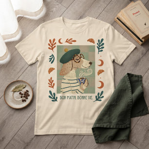 Bon Matin French Dog Beret Coffee Croissant T-Shirt