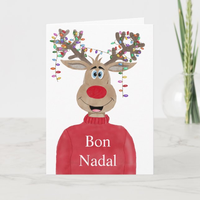Bon Nadal, Catalan Christmas Lights Reindeer Holiday Card (Front)