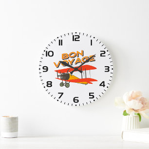 Bon Voyage Biplane Vintage Aeroplane Large Clock