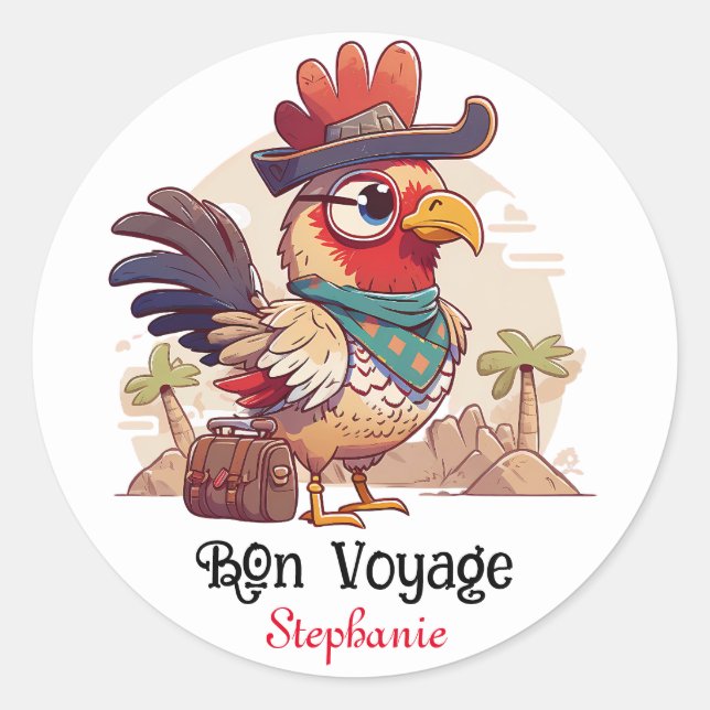 Bon Voyage Funny Chicken Cartoon Classic Round Sticker (Front)