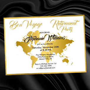 Bon Voyage Golden Border Worldmap Retirement Party Invitation