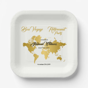 Bon Voyage Golden Border Worldmap Retirement Party Paper Plate