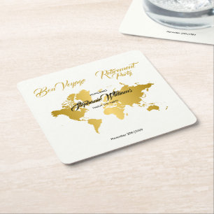 Bon Voyage Golden Border Worldmap Retirement Party Square Paper Coaster