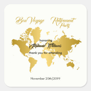 Bon Voyage Golden Border Worldmap Retirement Party Square Sticker