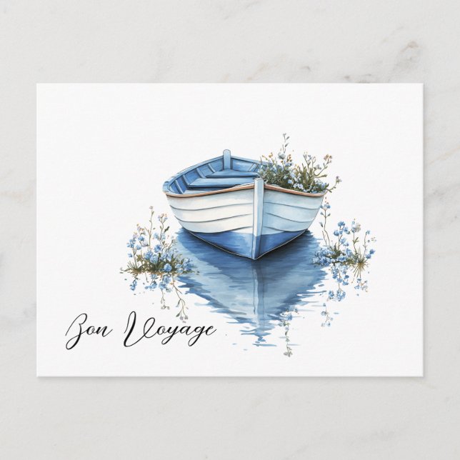 Bon Voyage  Rowboat Blue Flowers Postcard (Front)