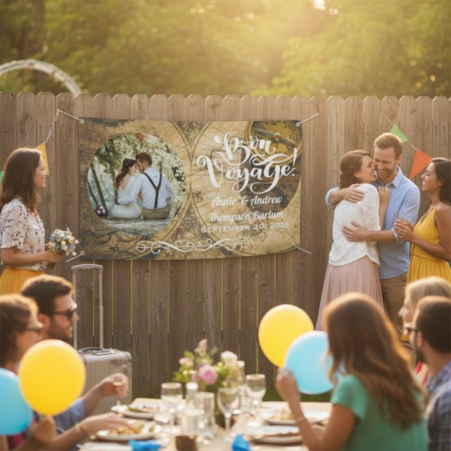 Bon Voyage Rustic Map Personalised Photo Banner (Bon Voyage Rustic Map Personalized Photo Banner)