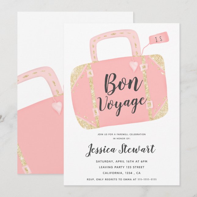 Bon voyage suitcase yellow gold pink leaving party invitation (Front/Back)