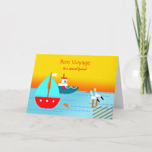 Bon Voyage to Friend, Boats, Pelicans, Sunset Card