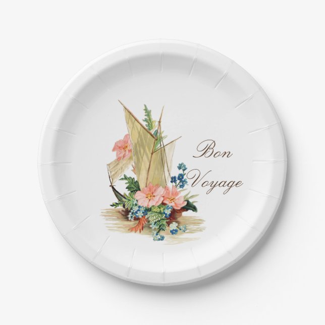Bon Voyage Vintage Sailboat and Flowers Paper Plate (Front)