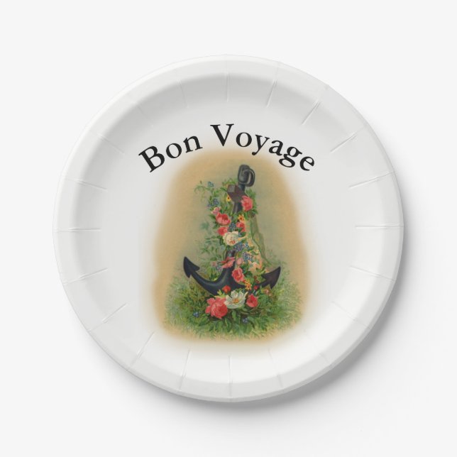 Bon Voyage with Anchor and Flowers Paper Plate (Front)
