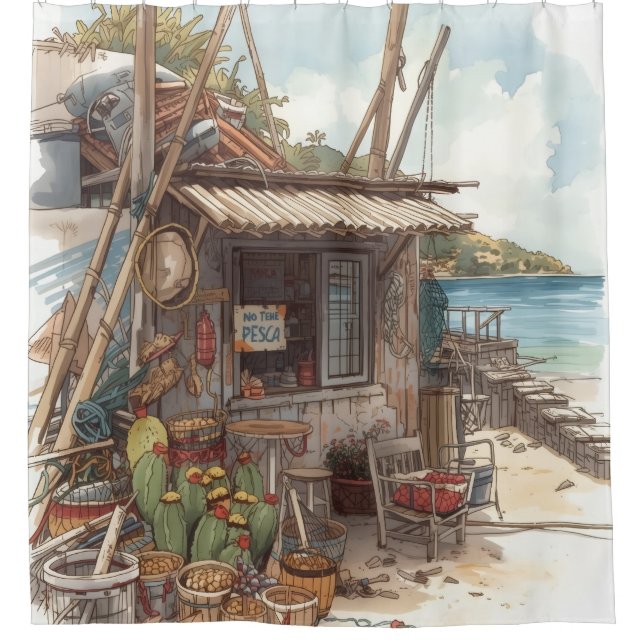 Bonaire fish shack shower curtain (Front)