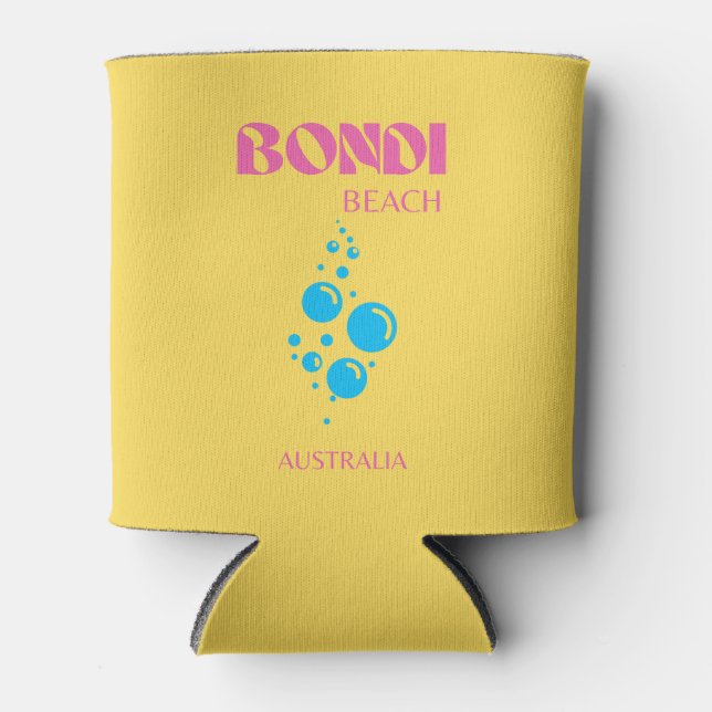Bondi Beach, Travel Art, Preppy, Yellow, Pink Can Cooler (Front)